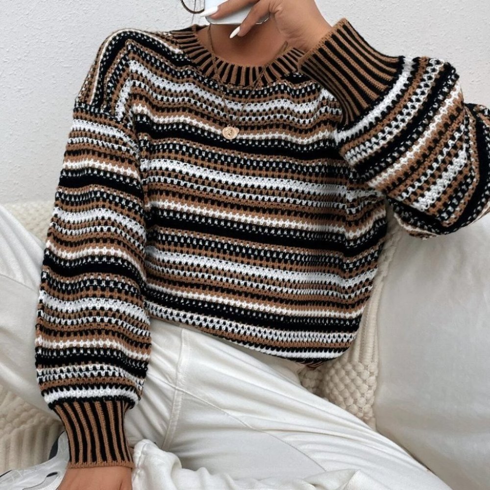 casual  striped lantern sleeve sweater top - Picture 2 of 7